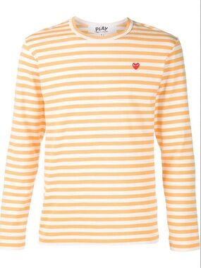 Comme des Garcons PLAY Peach & White Striped Long-Sleeve Tee with Red Heart